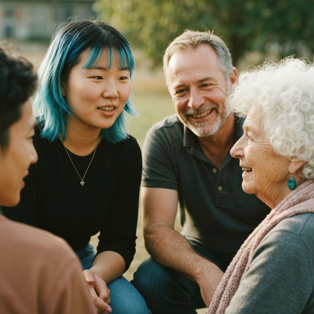 A small diverse group of community members gathered in conversation