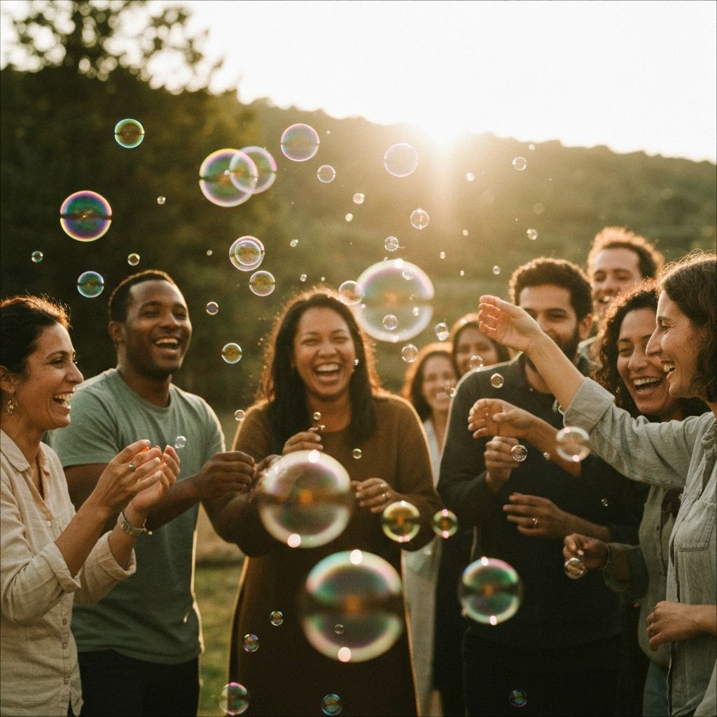 A small community celebration with people raising glasses in a warm toast