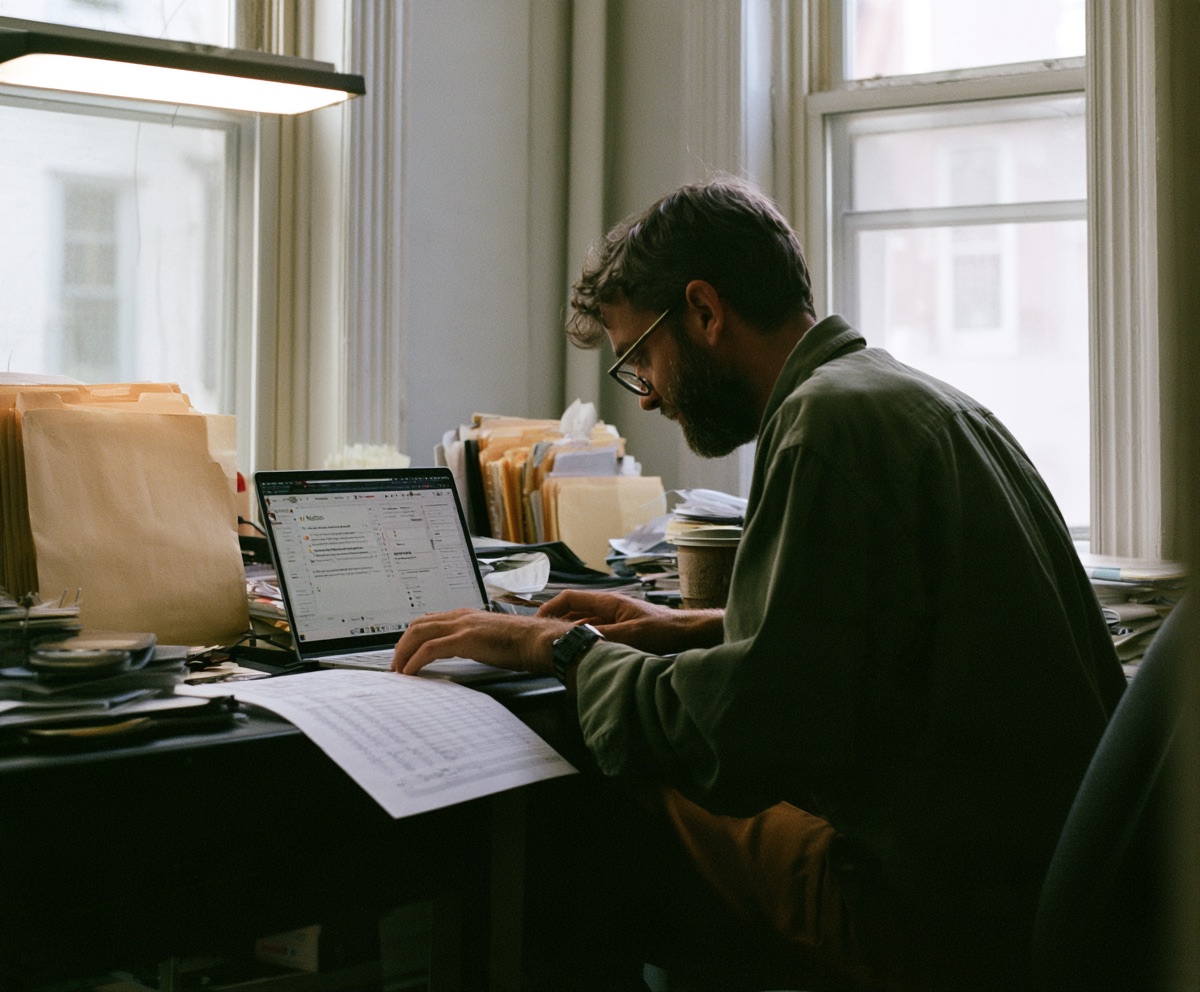The data and grants coordinator reading at a desk with a laptop, folders, and a printed spreadsheet