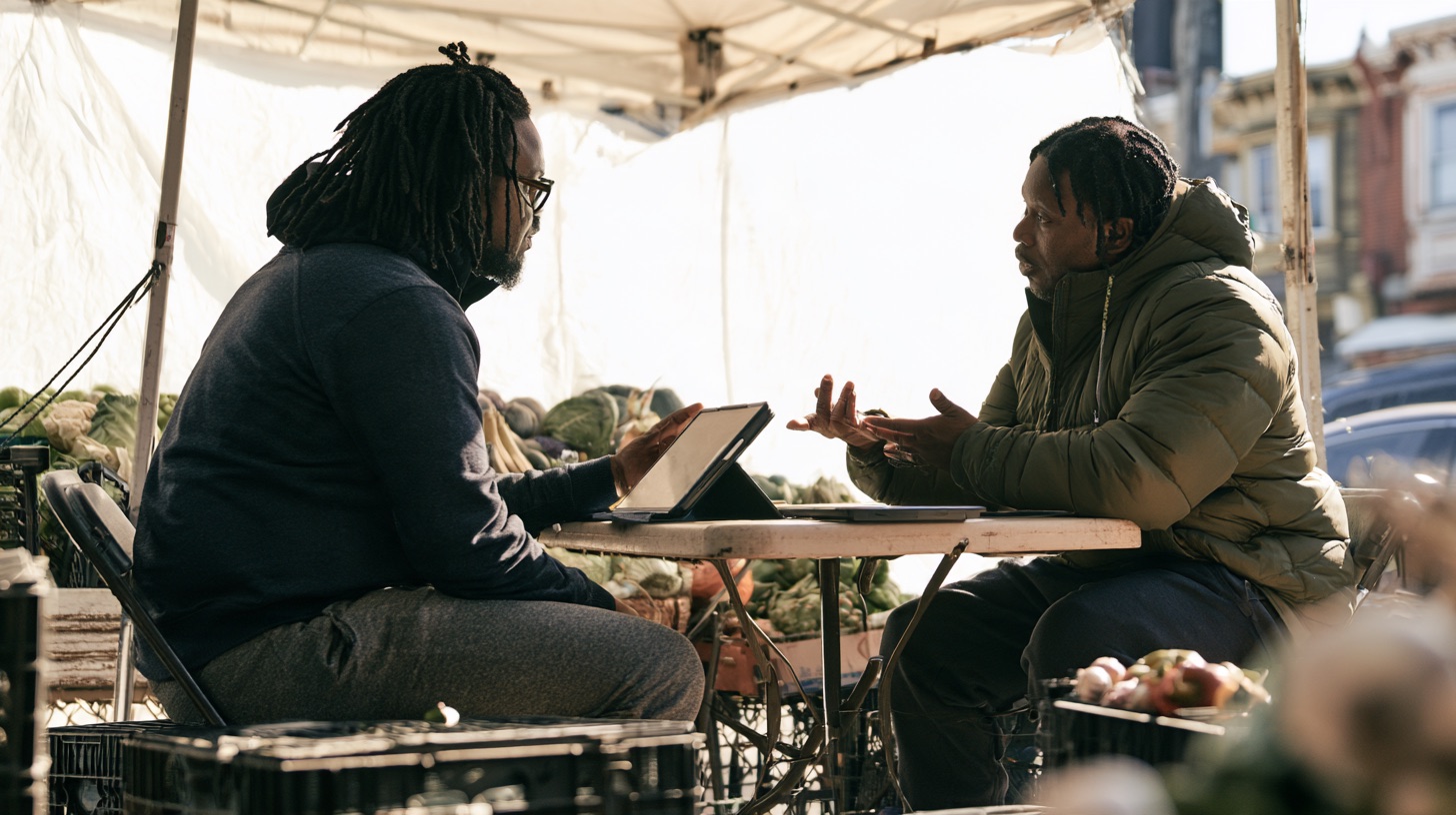 A loan officer with a tablet across a small table from a market vendor under a tent