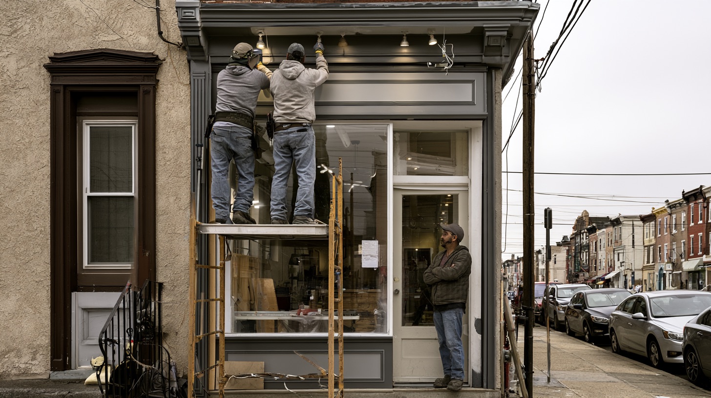 Two workers on a scaffold finishing a storefront façade while the merchant watches from the doorway