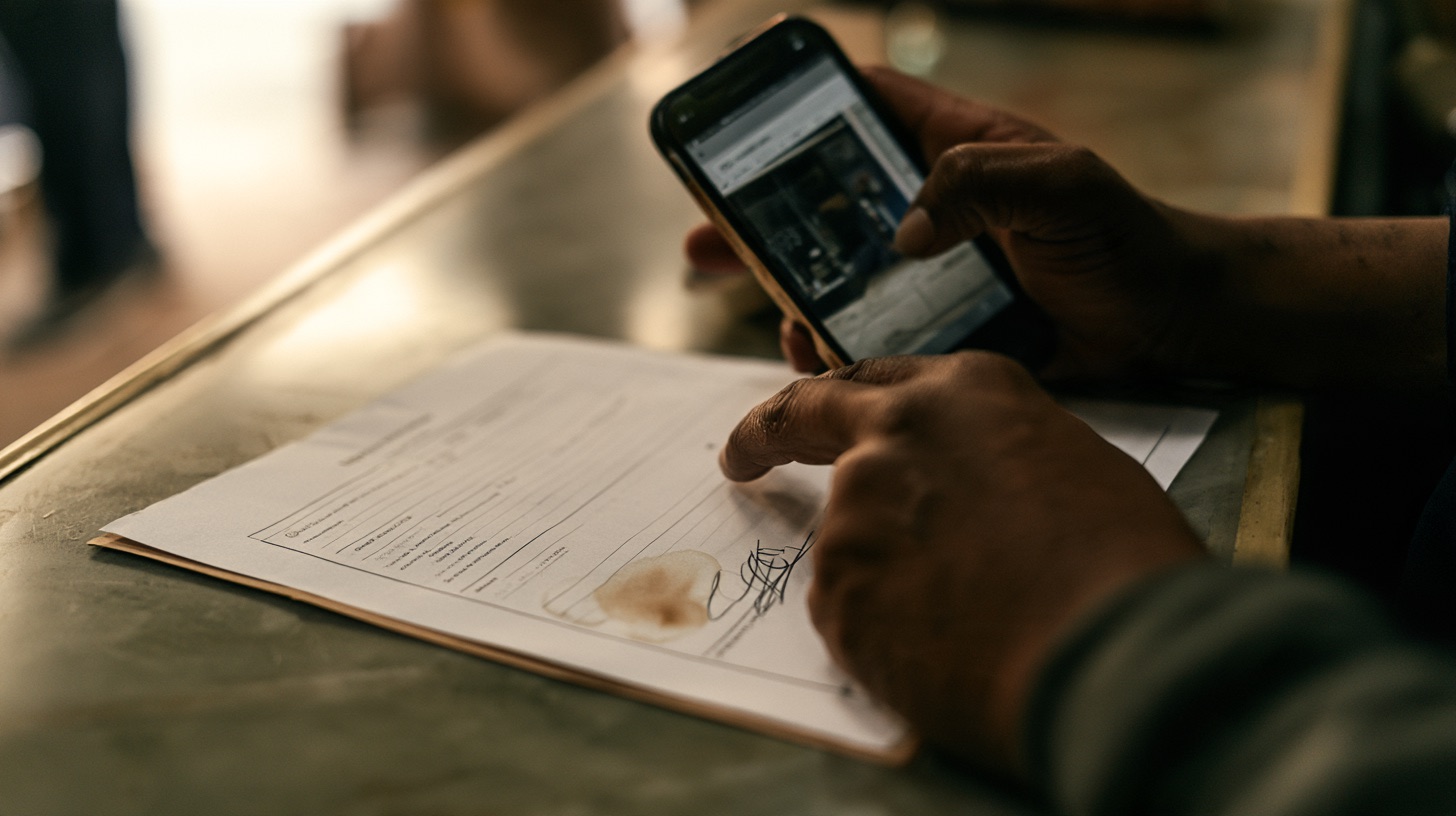 A merchant signing a one-page form at a counter beside a phone showing a storefront photo
