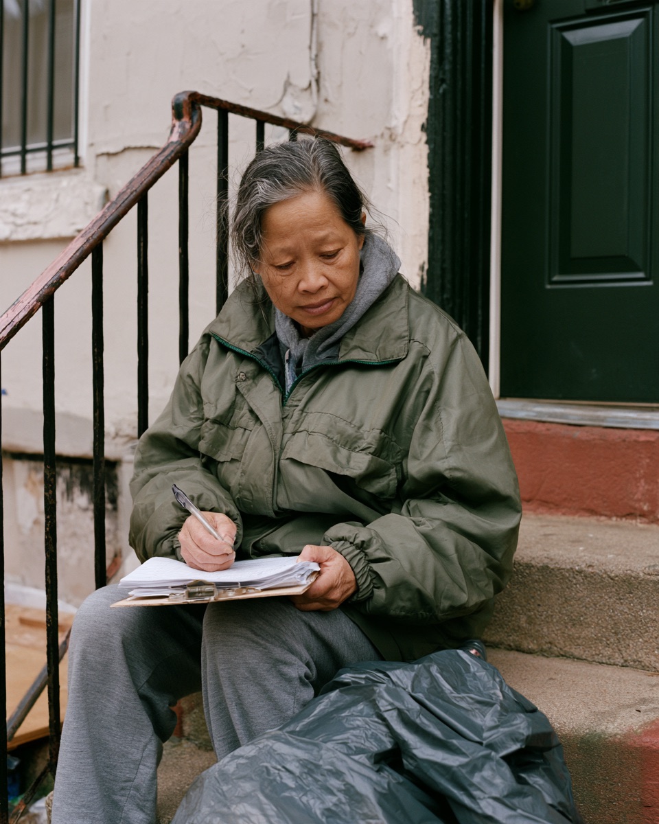 A block captain on a rowhouse stoop filling in a check-in form, a yard bag beside her