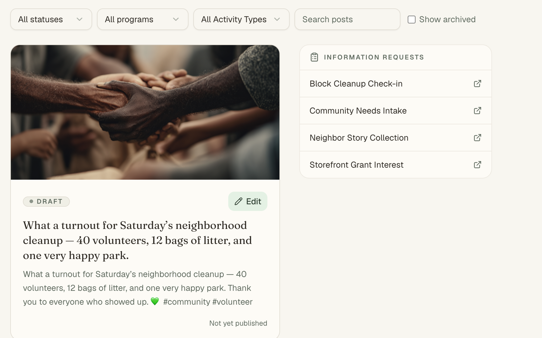 Mission Feed dashboard showing a draft post about a neighborhood cleanup alongside linked information-request forms