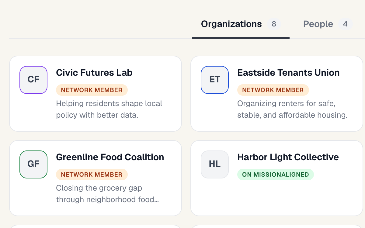 MissionAligned network directory listing organizations and people with consent-aware public profiles