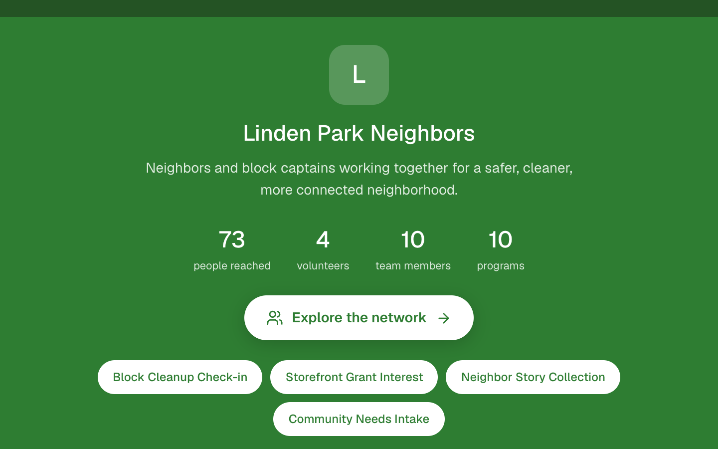 Public Mission Profile page for a neighborhood organization, with stats, follow button, and public form links