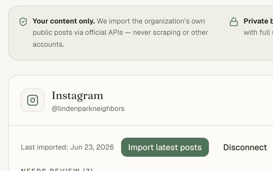 Social sources screen automatically importing the organization's own Instagram posts as Mission Feed drafts with full provenance